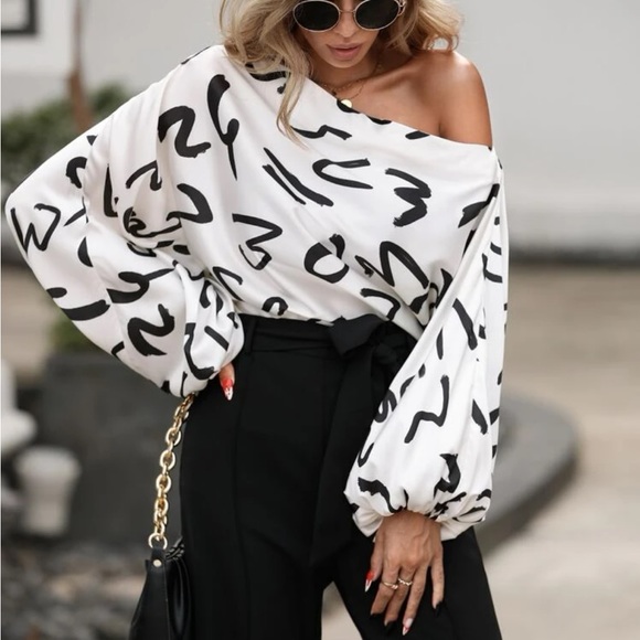 Elegant Off Shoulder Asymmetrical Neck Long Sleeve Top Blouse Shirt - Picture 7 of 7